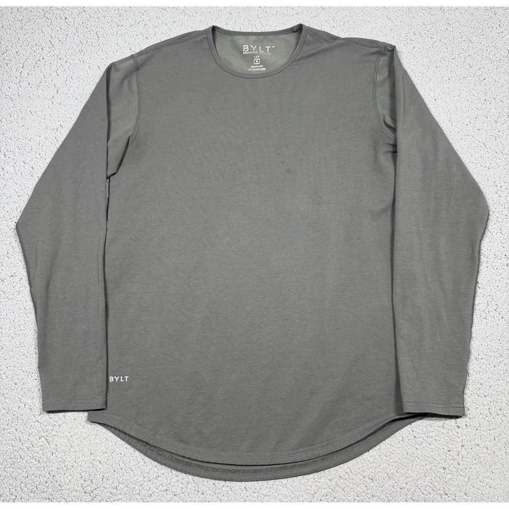 BYLT Drop Cut LUX Shirt Mens Medium Gray Long Sleeve Tagless Curved Hem‎ Tee